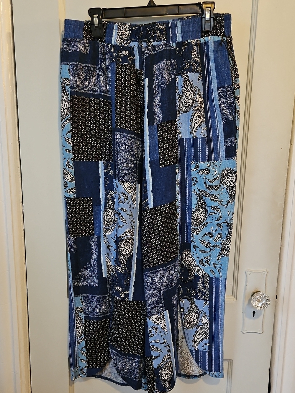 NWOT Women's Blue Patchwork Wide-Leg Pants- L